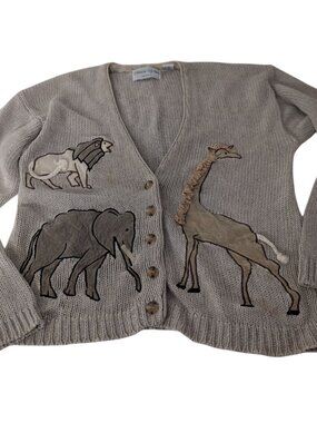 Sharon Young Safari Cardigan Womens Size Medium Beige Linen Cotton V Neck